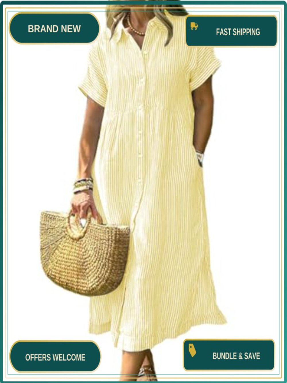 Women's Striped Midi Button Down Shirt Dress Loose Short Sleeve